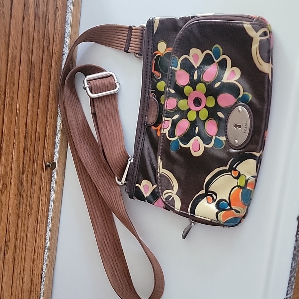 Fossil Brown Floral Crossbody Bag with Pink, Green & Blue Accents